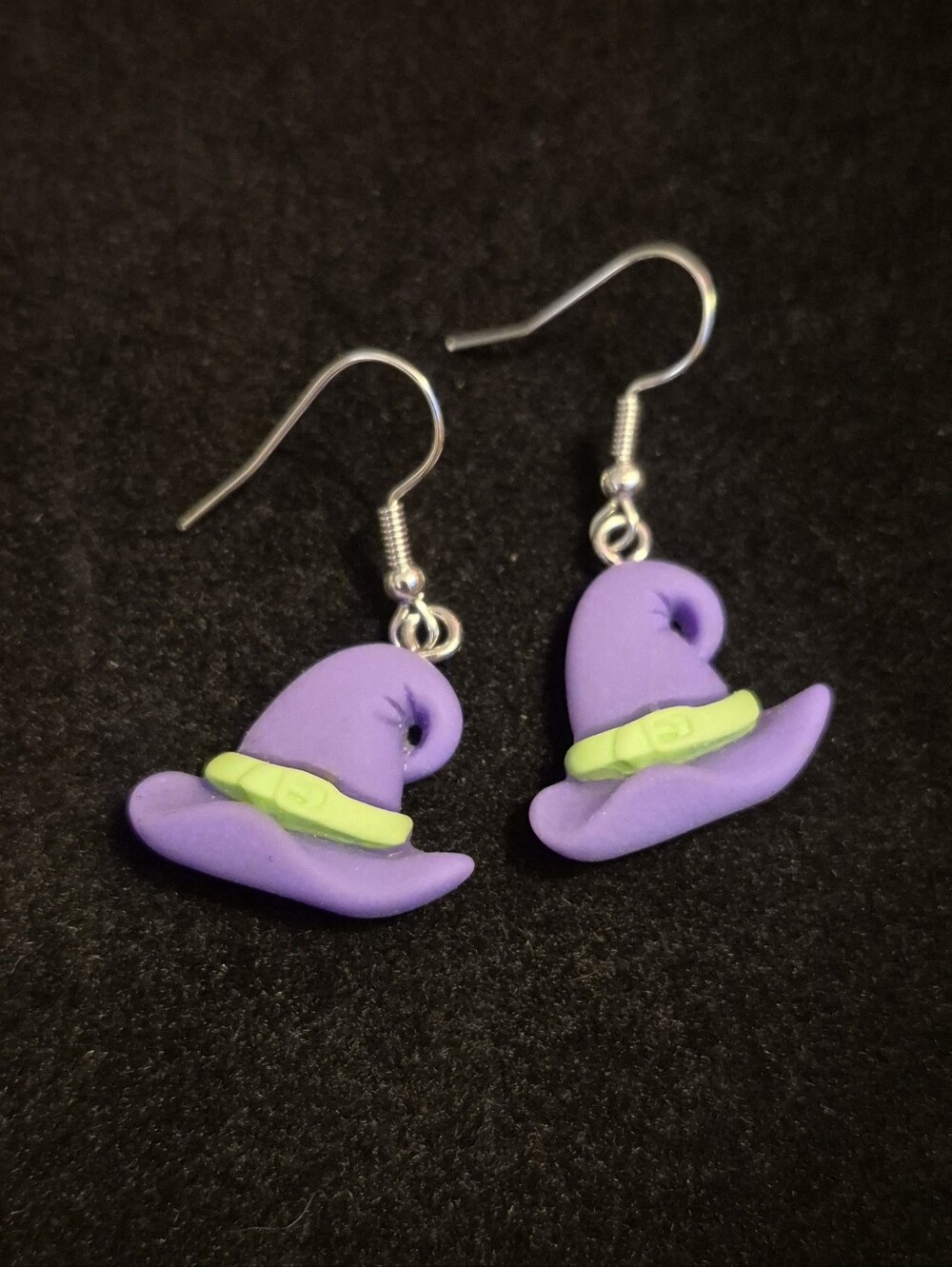 Handcrafted Purple Green Witch Hat Dangle Earrings